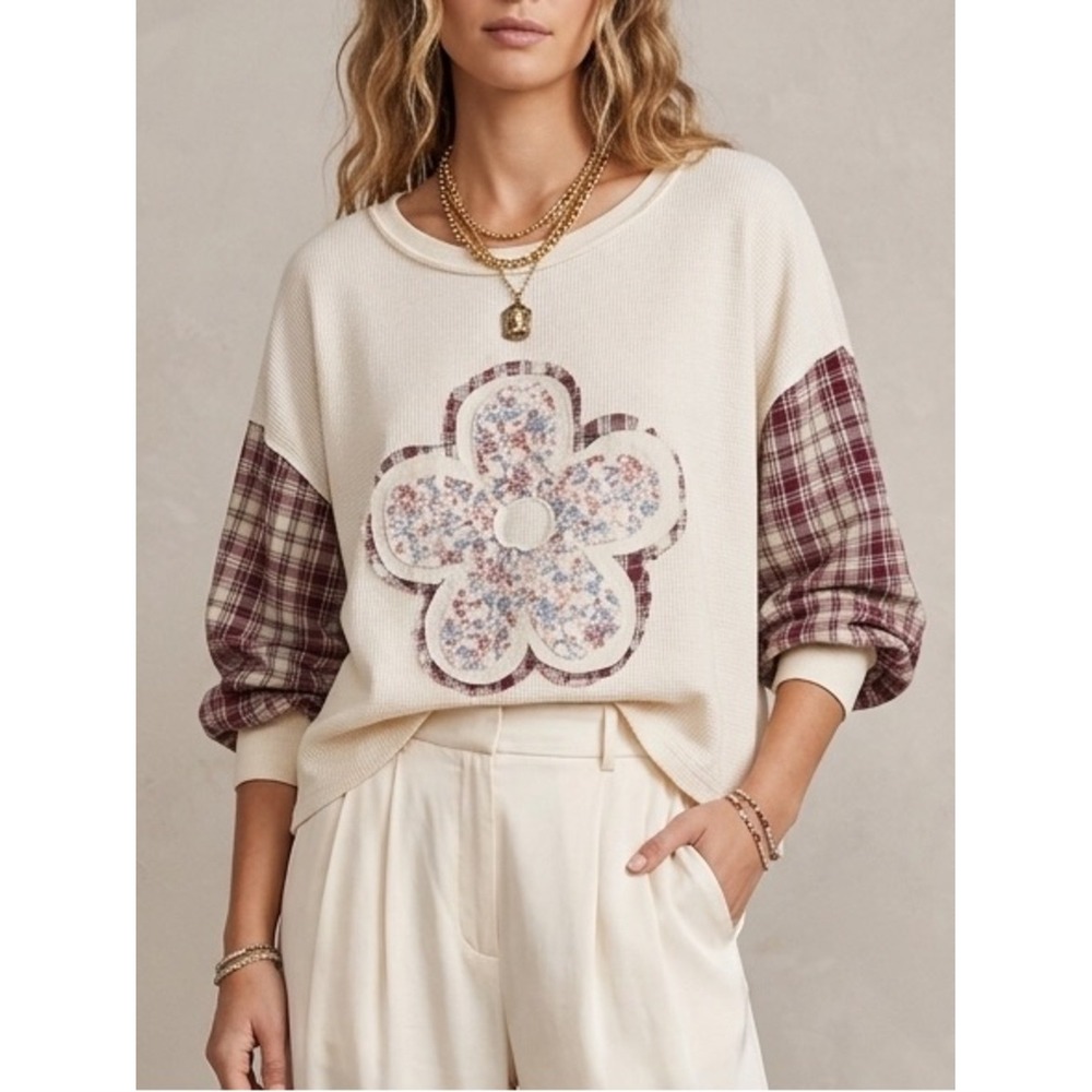 POL Waffle Knit Top Women Cream Excellent Plaid Floral Patchwork Boho Artsy Sz S
